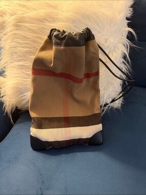 Burberry Tan Plaid Drawstring Backpack